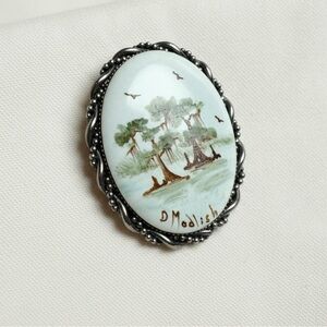 Vintage Hand Painted Pendant Brooch Signed D Modlish Scenic Trees Landscape